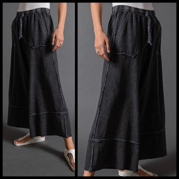 EASEL "Criss Cross" Cotton Mineral Washed Flared Wide Cropped Leg Palazzo Pants - Picture 2 of 11